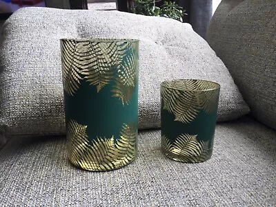 Buy 2x Glass Hurricane Lamp Candle Holder. Green With Gold Leaf Etching . • 0.99£
