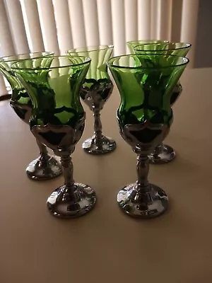 Buy Vintage Farber Brothers Krome Chrome Forest Green Art Deco Cordial Glasses Lot 6 • 51.26£