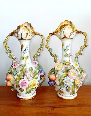Buy 19th Century Samuel Alcock Vases With Applied Fruits Flowers - Handpainted • 275£