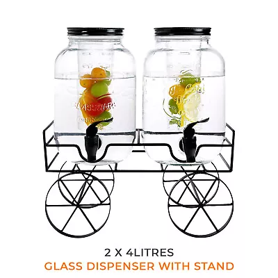 Buy 4L/8L Glass Vintage Beverage Drinks Dispenser On Metal Stand Cocktail Jar & Tap • 24.85£