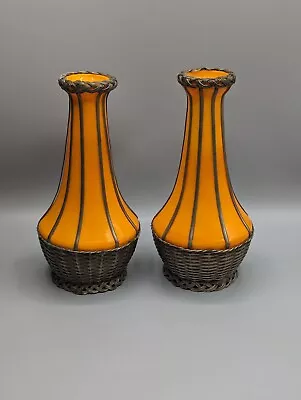 Buy Pair Art Deco Tango Orange Bohemian Glass Vase With Pewter Mesh Mounts - 1930s • 80£