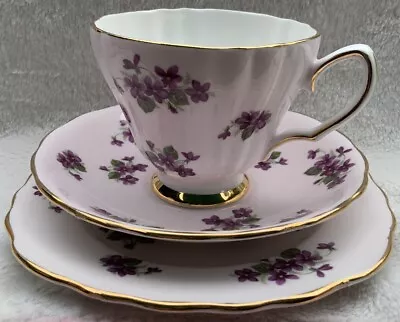 Buy Colclough Pink With Purple Violet Flowers Trio TeaCup Saucer & Side Plate Set • 15£