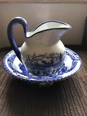 Buy Victorian Ware Blue And White Ironstone Water Pitcher Jug And Basin Bowl Set • 50£