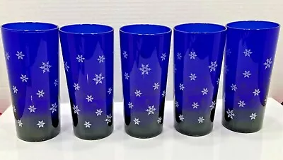 Buy 5 Vintage Libbey Cobalt Blue Glass/tumbler W White Snowflake Winter Glassware • 51.33£