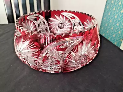 Buy Vintage Bohemian Ruby Red Large Crystal Bowl STARBURST Hand Cut To Clear 2.4k • 199£