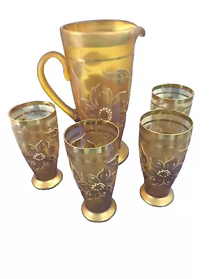 Buy Vintage Heavy  Amber Jug & 4 Glasses With Lovely Floral Detail (DP3) • 15£