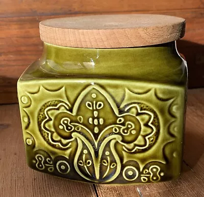 Buy Celtic Ceramics Republic Of Ireland Green Storage Jar Wooden Lid Vintage 70’s? • 17.49£