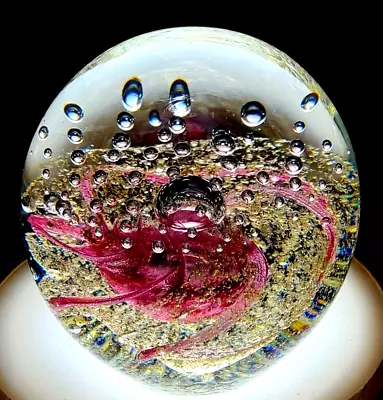Buy ART GLASS PAPERWEIGHT Pink Bubble & Gold Sparkle Swirl 1985 VINTAGE RARE • 14.99£