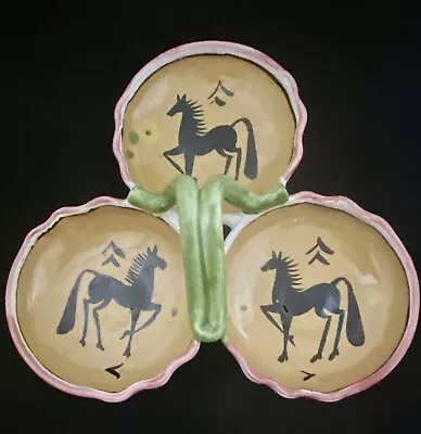 Buy Condiment Dish 3 Section Hand Painted In Italy Decorated W Horses RARE! • 46.60£