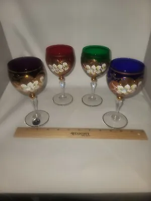 Buy Vintage Bohemian Czech Glass Painted Art Glass Wine Goblets Assorted Colours  • 42.87£