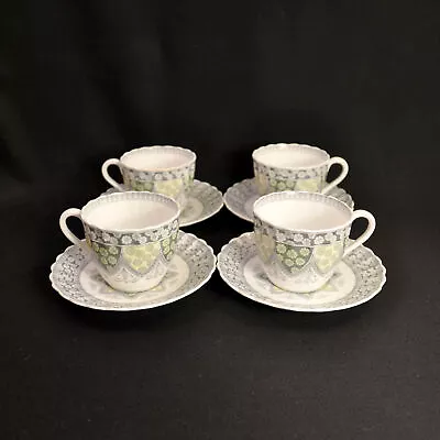 Buy Spode 4 Cups Saucers Fluted Spode's Primrose Y7475 Gray Yellow Green Floral 1954 • 81.99£