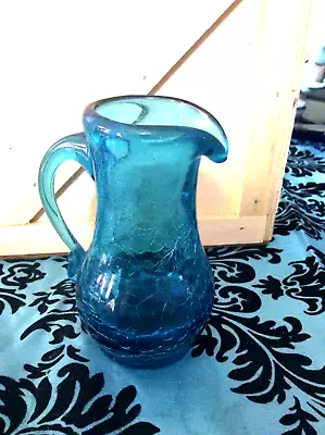 Buy Mini Pitcher Aqua Blue Crackle Glass Antique 4.5  Collectible MCM Display Vivid • 18.66£