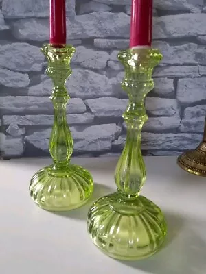 Buy VINTAGE ! Set Of 2 - COLUMN LIGHT GREEN CUT GLASS Candle Holders Size: 24 X 10cm • 29.99£