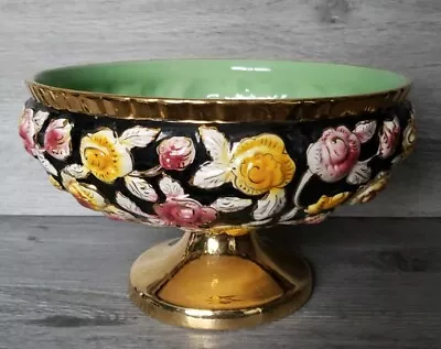 Buy Vintage FOREIGN Majolica Ceramic Black, Gold Pedestal Fruit Bowl With 3D Roses • 38£