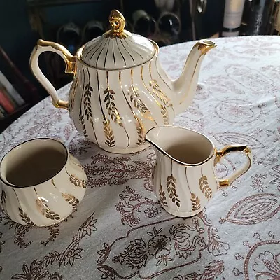 Buy Vintage/Antique Sadler Made In England Off White & Gold Teapot Sugar Creamer Set • 41.94£