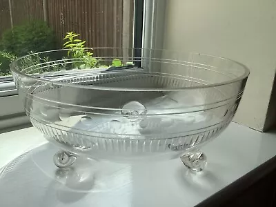 Buy Antique Hand Facet Cut Crystal Bevelled Sided 3 Scroll Footed Fruit Bowl • 8.99£