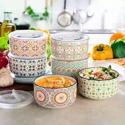 Buy Stoneware Multicoloured Bowls With Lids 6 Pack For Microwave And Fridge UK NEW • 26.99£