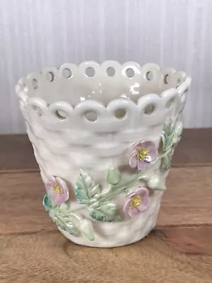Buy Vintage Belleek Porcelain Basketweave Floral Vase Flower Pot  6th Green 1965-82 • 15£