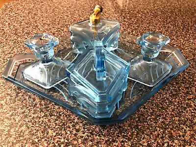 Buy Depression Blue Glass Vanity Dresser Set 5 Pieces • 29.95£