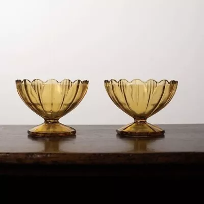 Buy Pair Of Rare Antique Art Deco Amber Pressed Glass Flower Coupe Dessert Bowls • 10£