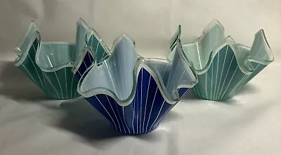 Buy 3 Vintage Chance Brothers Green And Blue Glass Handkerchief Vases - Some Wear • 25£