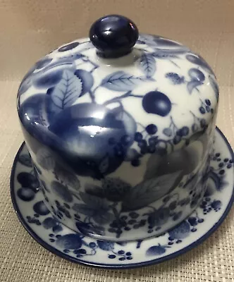 Buy CHEESE DOME & PLATE Blue White Ironstone VICTORIA WARE Fruit Leaves FLOW BLUE • 42£