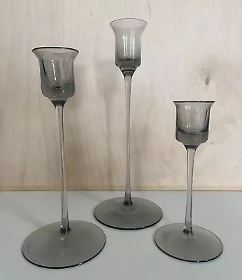 Buy Set Of 3 Wedgwood Vintage Glass Candlestick Smokey Grey • 39£