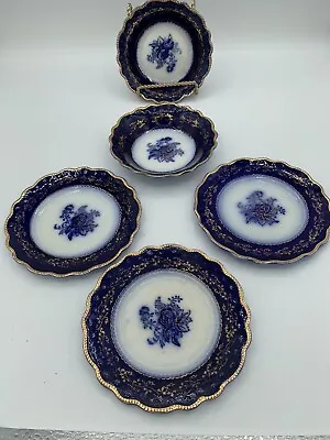 Buy Antique W.H Grindley Blue Rose Pattern Flow Blue Bread Plates And Small Bowls • 93.19£