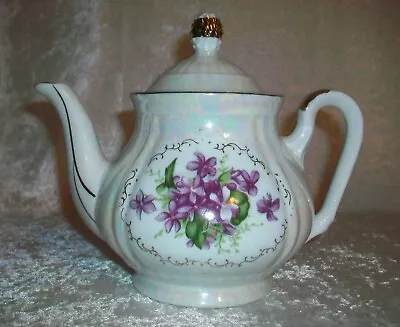 Buy Vintage English White Iridescent Lustreware Purple Violets Floral Tea Pot Teapot • 14.91£