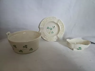 Buy 3 Pieces Of Old Belleek Shamrock Pattern China- Butter Dish, Salt Dish & Ashtray • 40£