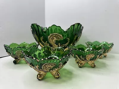 Buy 1890's Northwood Antique Glassware Footed Bowl Set  Green Glass W/Gold Accents • 214.30£