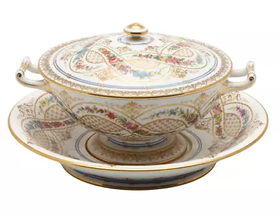 Buy Antique French Hand Painted Sevres Porcelain Porringer/ Ecuelle W/Lid & Stand • 215£