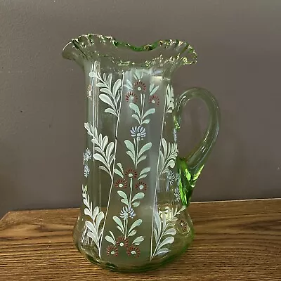 Buy Antique Green Glass Ruffled Crimped Water Lemonade Pitcher Enameled Flowers 10” • 51.26£