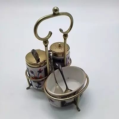 Buy Antique Gaudy Welsh Porcelain & Silver-Plate Mustard Cruet Set With Spoons • 10£