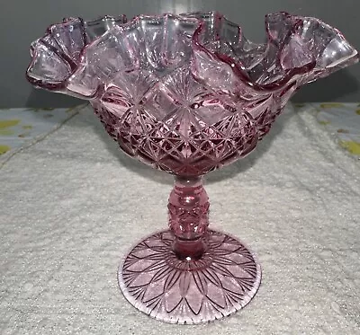 Buy Fenton Colonial Pink Compote Thumbprint Pedestal Candy Dish Crimped Ruffled Edge • 25.15£