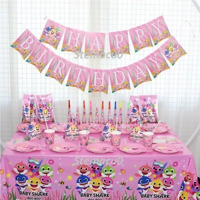 Buy PINK Baby Shark Hat Plate Flag Party Tableware Birthday Decors Supply. • 34.99£