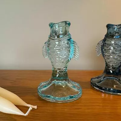 Buy Pale Blue Fish Candlestick Glass Dinner Candle Holder • 9.95£
