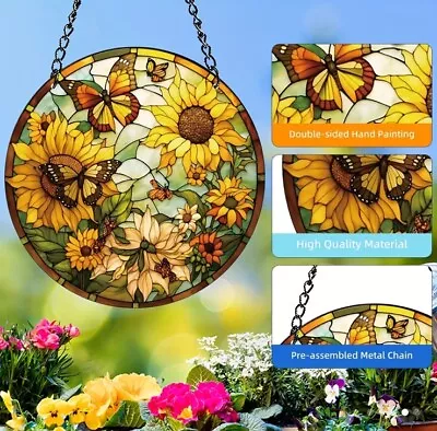 Buy Suncatcher Stained Art Hanging Decoration - Yellow Sunflower & Butterfly Design • 5.95£