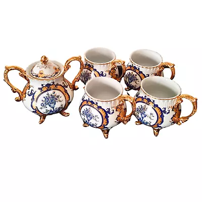 Buy RK Dresden RARE Cauldron Shape Cups Mugs Set Of 4 W/Sugar Bowl Cobalt Gold Gilt • 174.27£