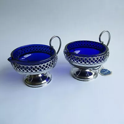 Buy Pair Of Mayell Stainless Steel Cobalt Blue Glass Sugar Bowl Creamer Jug England • 40£