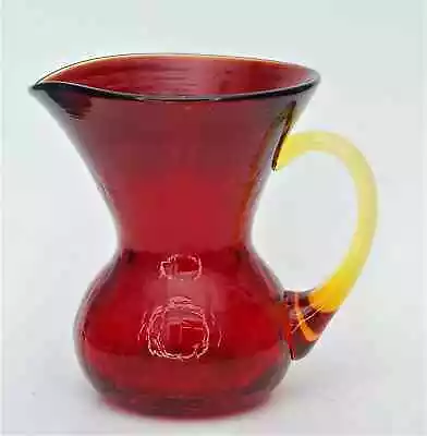 Buy Vtg Blenko 6X5X4 Blown Cranberry Red Crackle Glass Pitcher W/Handle Vivid Clean • 27.49£