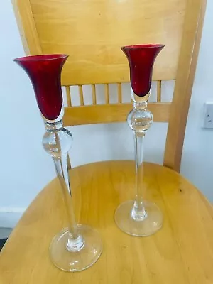 Buy Pair Of Candle Stick Holder. Decorative Tall Glass 29.5cm High • 22£