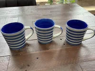 Buy 3 X Cornish Coast Earthenware Blue+white Striped Mugs • 14.99£