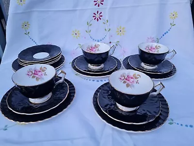 Buy Aynsley Tea Cup & Saucer Cabbage Rose Set Of 4 Bone China Pink / Black • 49.99£