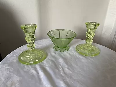 Buy Vintage Green Glass Candle Holders - Set Of 2 + Bowl • 12.95£