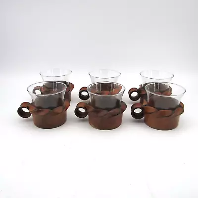 Buy Vintage 1960s West Germany 6 Wood Teak Holders With Glass Tea Cups • 37.27£