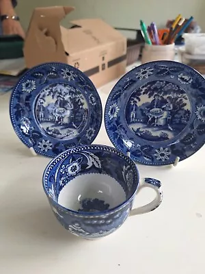 Buy Antique Blue And White Transferware Cup And 2 Saucers • 21£