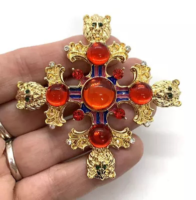 Buy Gorgeous Large Red And Gold LION's Head Baroque Maltese Cross Brooch - BN • 7.99£