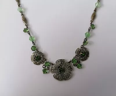 Buy Antique Vintage Czech Bohemian Necklace Green Glass Filigree Flower Art Deco • 22.99£