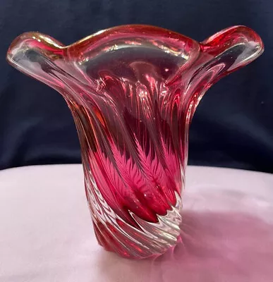 Buy Vintage Czech Bohemian Crystal Egermann Raspberry Ruby Swirl Flower Vase • 27.03£